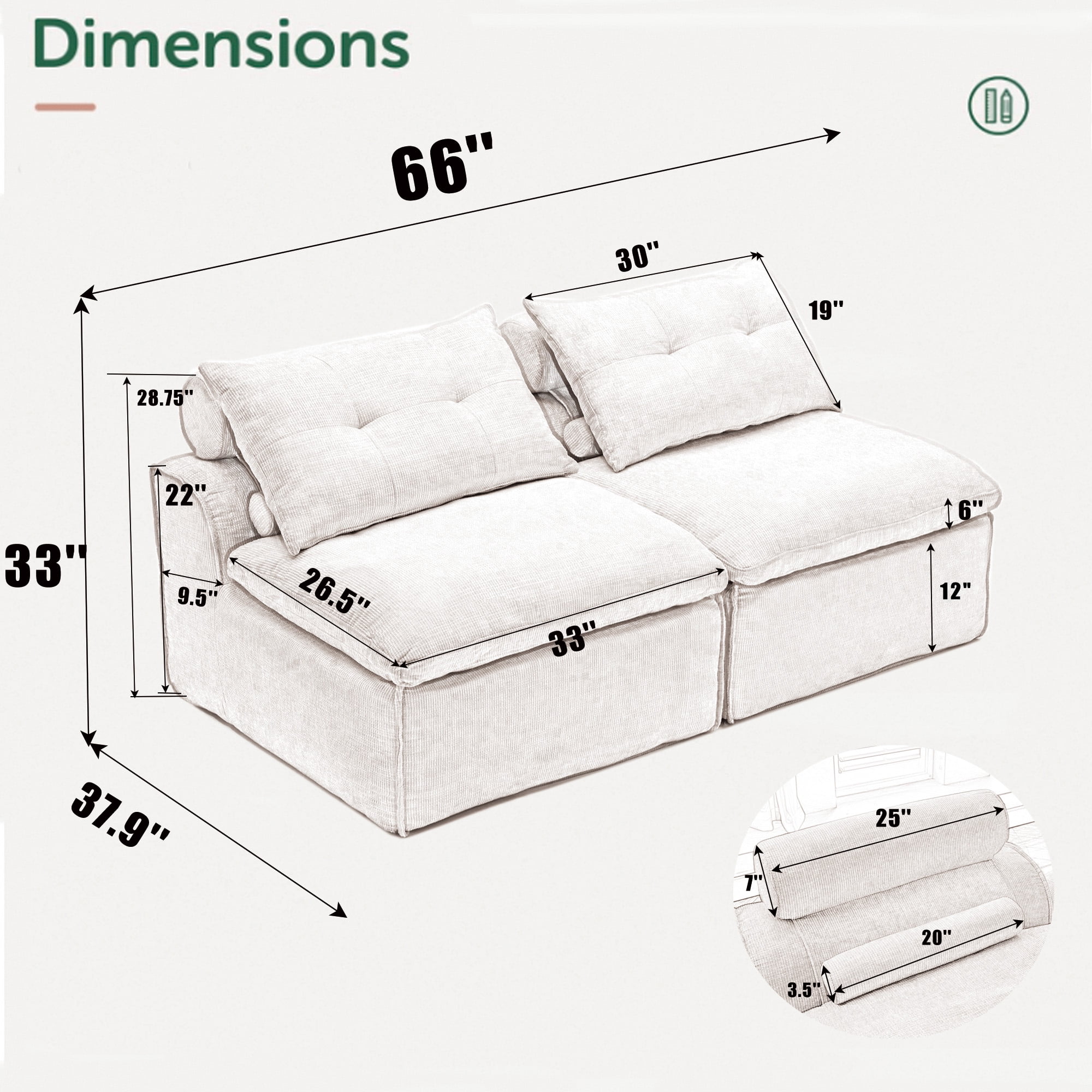 MOONMISS 2-Seat Modular Corduroy Sofa Neck Lumbar Pillows DIY No Armrests for Apartment,Gray