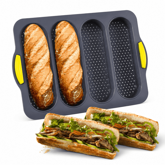4-Cavity Silicone Bread Loaf Pan, Nonstick Baguette Baking Pan, Heat Resistant Bagette Bread Pan, Hot Dog Bun Pan, Bread Mold for Baking, Bread Making Essentials for Sourdough, Hoagie Rolls, Sandwich