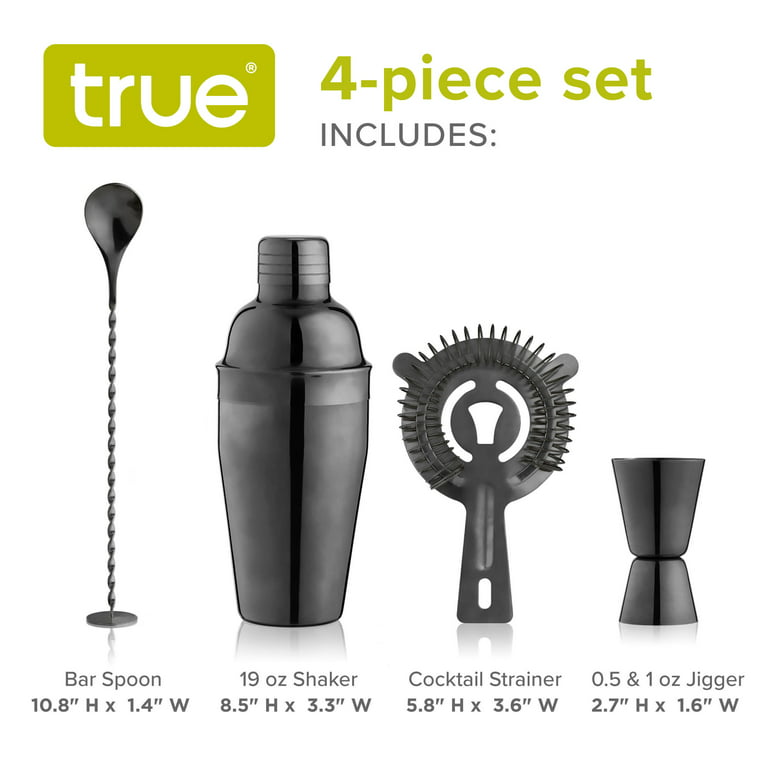 True 4 Piece Black Stainless Steel Barware Set - Cocktail Shaker &  Accessories