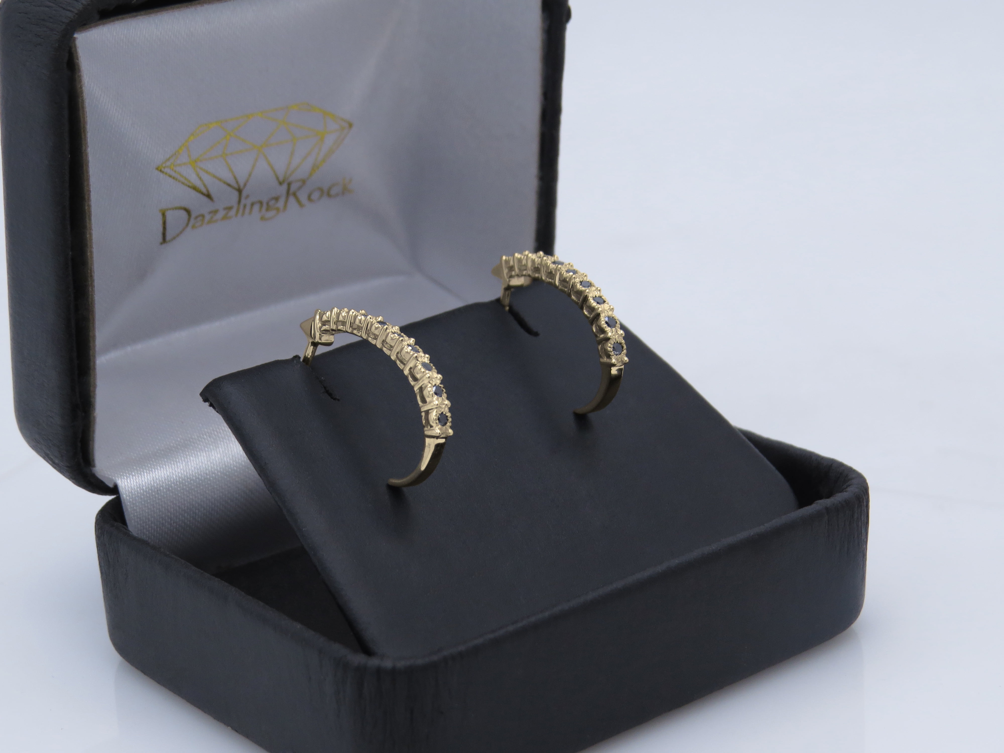 Dazzlingrock Collection Round Black Diamond Fancy J Shaped Classic Screwback Hoop Earrings for Women (0.15 ctw, Color Black, Clarity Opaque) in 10K Yellow Gold