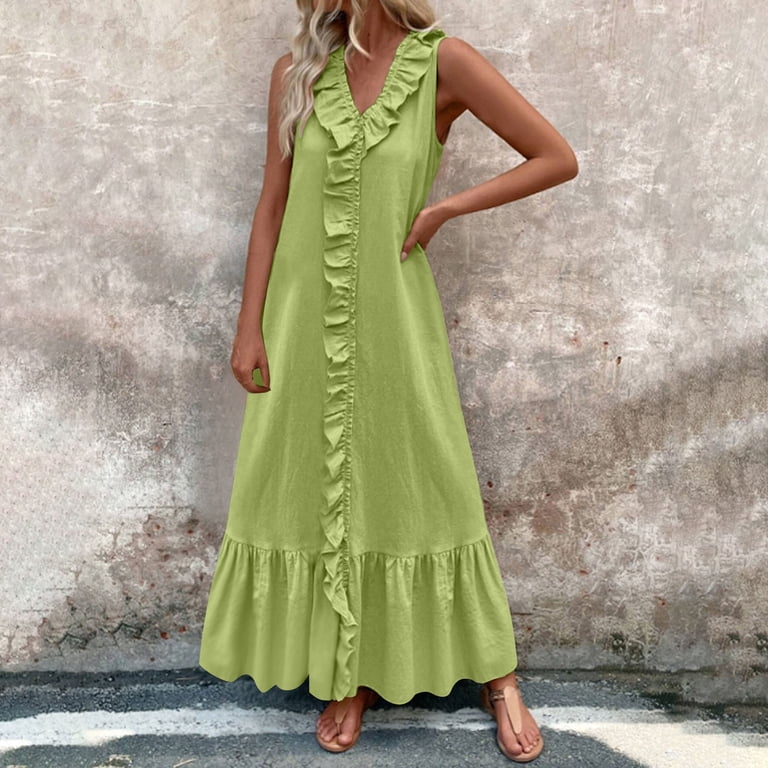 Lime Green Ruffle Plain Brunch Going Out Dresses for Women Summer Fall  Sleeveless V Neck Faux Gauze Linen Midi Knee Length Bodycon Dresses Teen  Girls 2026 Clothes XL - Walmart.com