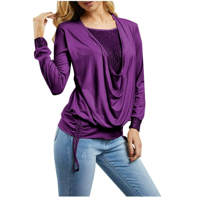 Timegard Plus Size Tops for Women Drawstring Ruched Long Sleeve Sequin Top Fall Dressy Casual Comfy