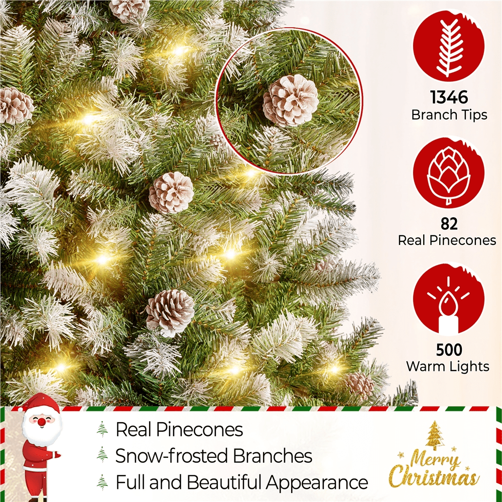 Alden Design 7.5 Ft Pre-lit Frosted Artificial Christmas Tree with Pinecones, Green