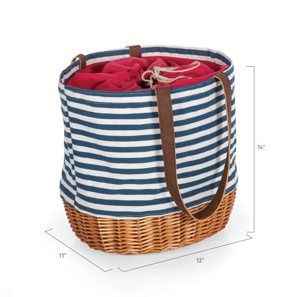 Picnic Time Coronado Canvas and Willow Basket Tote with Drawstring Closure and Wicker Base, Navy Blue & White Stripe
