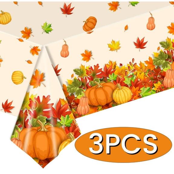 Fall Thanksgiving Tablecloth Decoration Fall Maple Pumpkin Disposable Vinyl Waterproof Table Covers for Fall Party Supplie 54 x 108 inch 3Pcs Design1