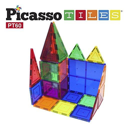 PicassoTiles 60 Pièces Ensemble 60pcs Aimant Construction Carrelage Magnétique Clair 3D Blocs de Construction Planches de Jeu - Créativité au-Delà de l'Imagination, Inspirant, Récréatif, Éducatif, Conventionnel