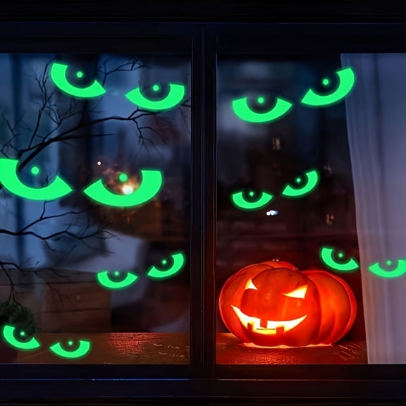 16 Pairs Halloween Window Stickers, Glow-in-the-Dark Green Eye Decals, Removable Fluorescent Wall Door Decor for Home Party, 2 Sheets