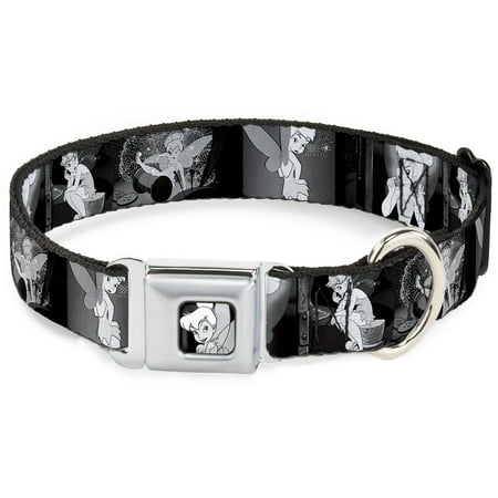 Disney Pet Collar Dog Collar Metal Seatbelt Buckle Tinker Bell Scenes Black White 16 to 23 Inches 1.5 Inch Wide