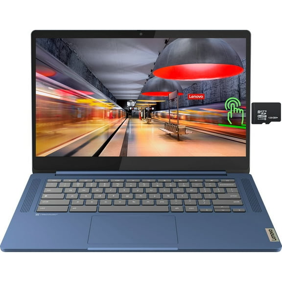 Lenovo Chromebook 3 laptop, 14 Inch FHD Touchscreen, MediaTek MT8186, 4GB RAM, 64GB eMMC 128GB SD Card, Webcam, WiFi 6, Bluetooth, USB Type-C, Chrome OS,Long Battery Life, Abyss Blue