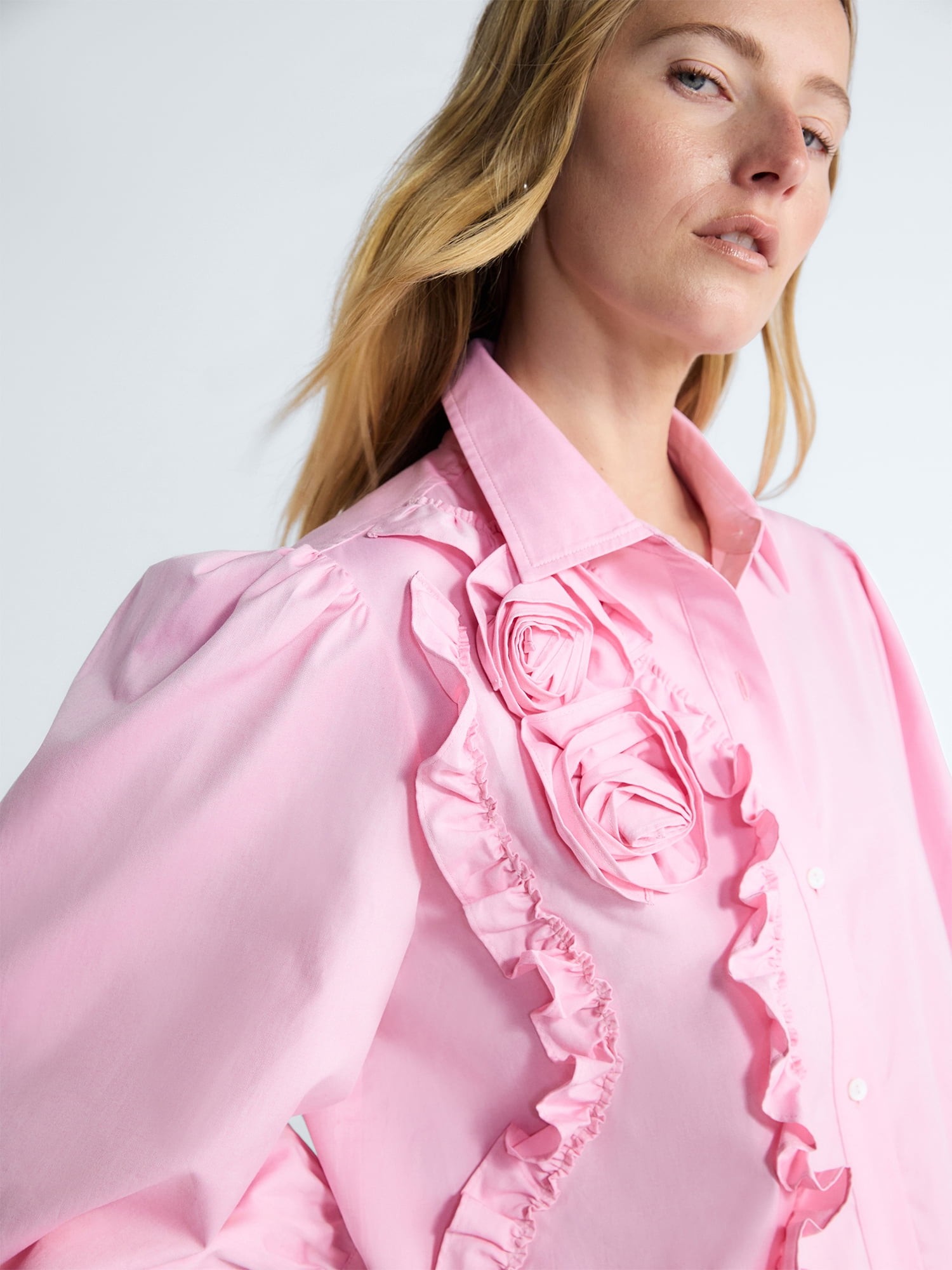 Free Assembly Women's and Women's Plus 3D Floral Cotton Shirt with Long Sleeves, Size XS-4X