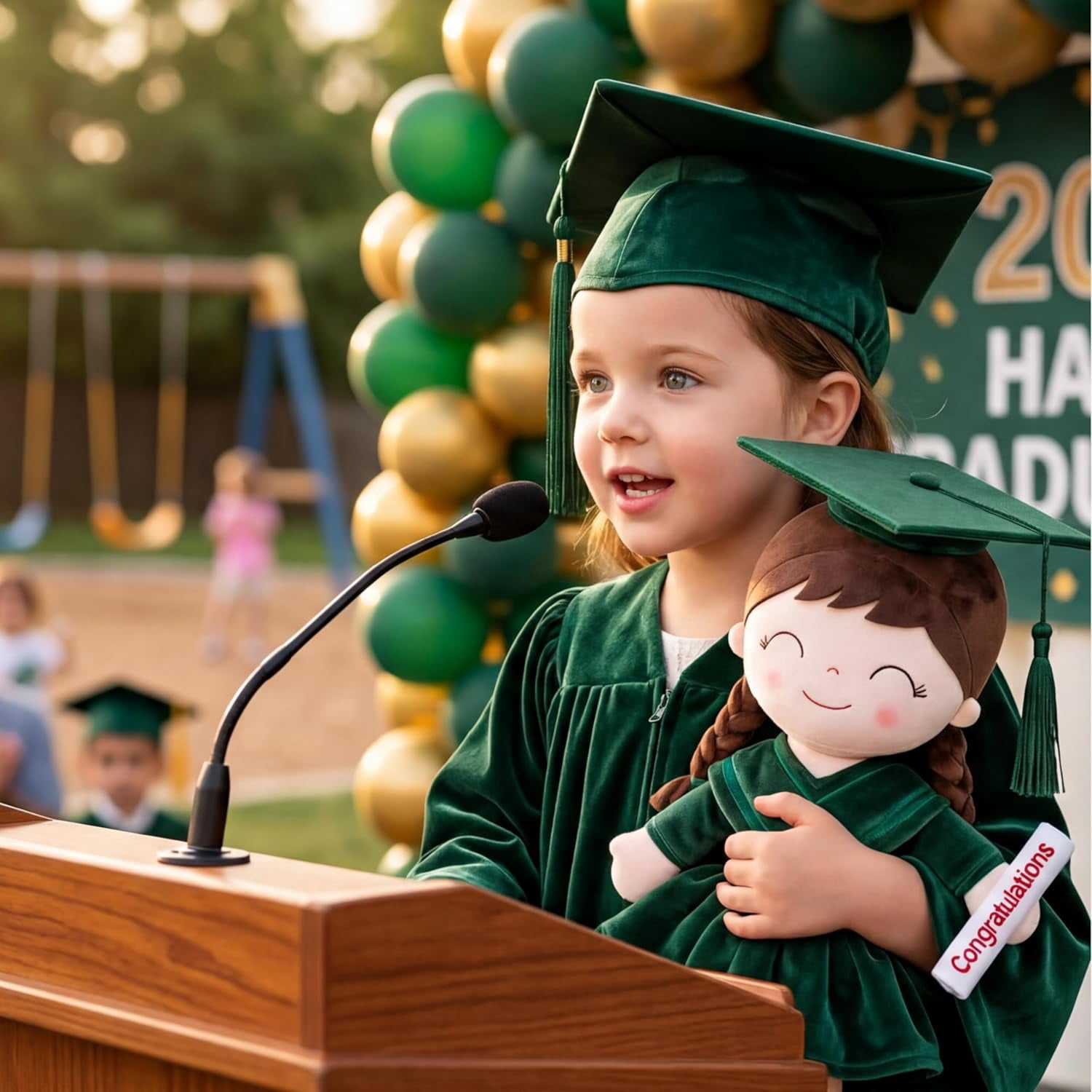 Gloveleya 16" Dark Green Graduation Doll - Elegant Plush Scholar Doll with Cap & Gown - Kindergarten Graduation Keepsake, Class of 2026 Achievement Gift