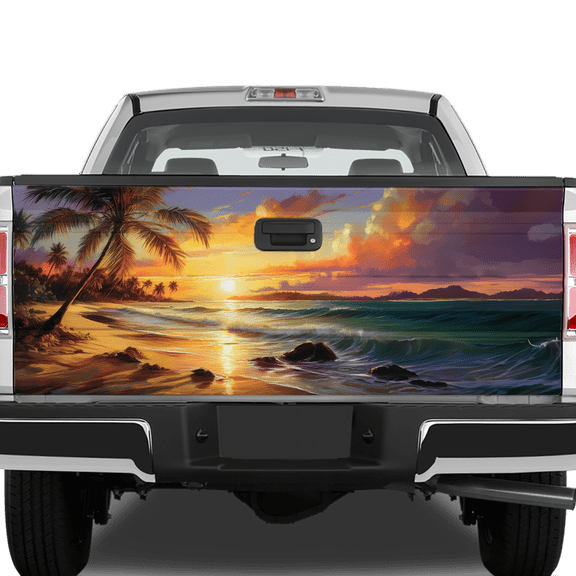 Lotusprinthandmade Sunset on Tropical Beach Tailgate Wrap 2 Sizes (24"x58"), ocean view truck decal, tropical sunset tailgate graphic, beach lover tailgate protector