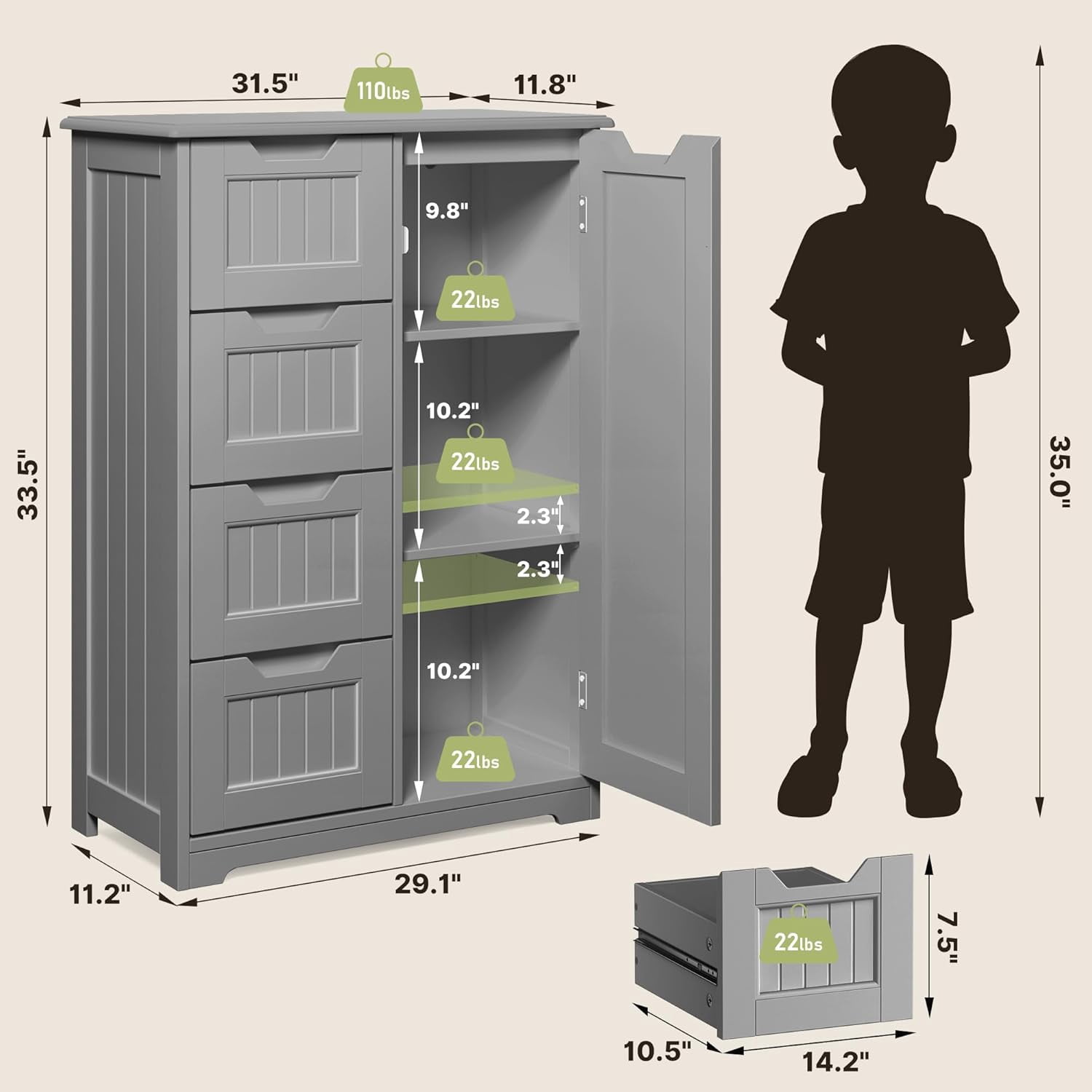 Short Pantry Storage Cabinet, Noelse 33'' Small Kitchen Pantry with 4 Drawers 3 Shelves and 1 door for Kitchen Dining Room and Bathroom, Gray