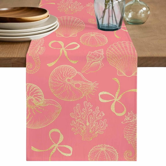 Ocean Conch Shell Table Runner 108 Inches, Coastal Seahorse Coral Bows Retro Pink Bed Runner Dresser Scarves Tabletop for Indoor Outdoor Parties/Ceremony/Banquet, 13"x 108"