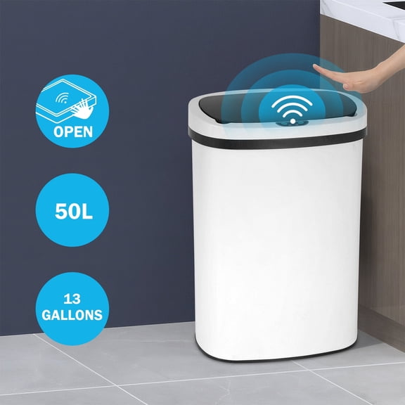 NiamVelo 13 Gallon Kitchen Trash Can Automatic Stainless Steel Garbage Can with Touch-Free & Motion Sensor for Home Office, White