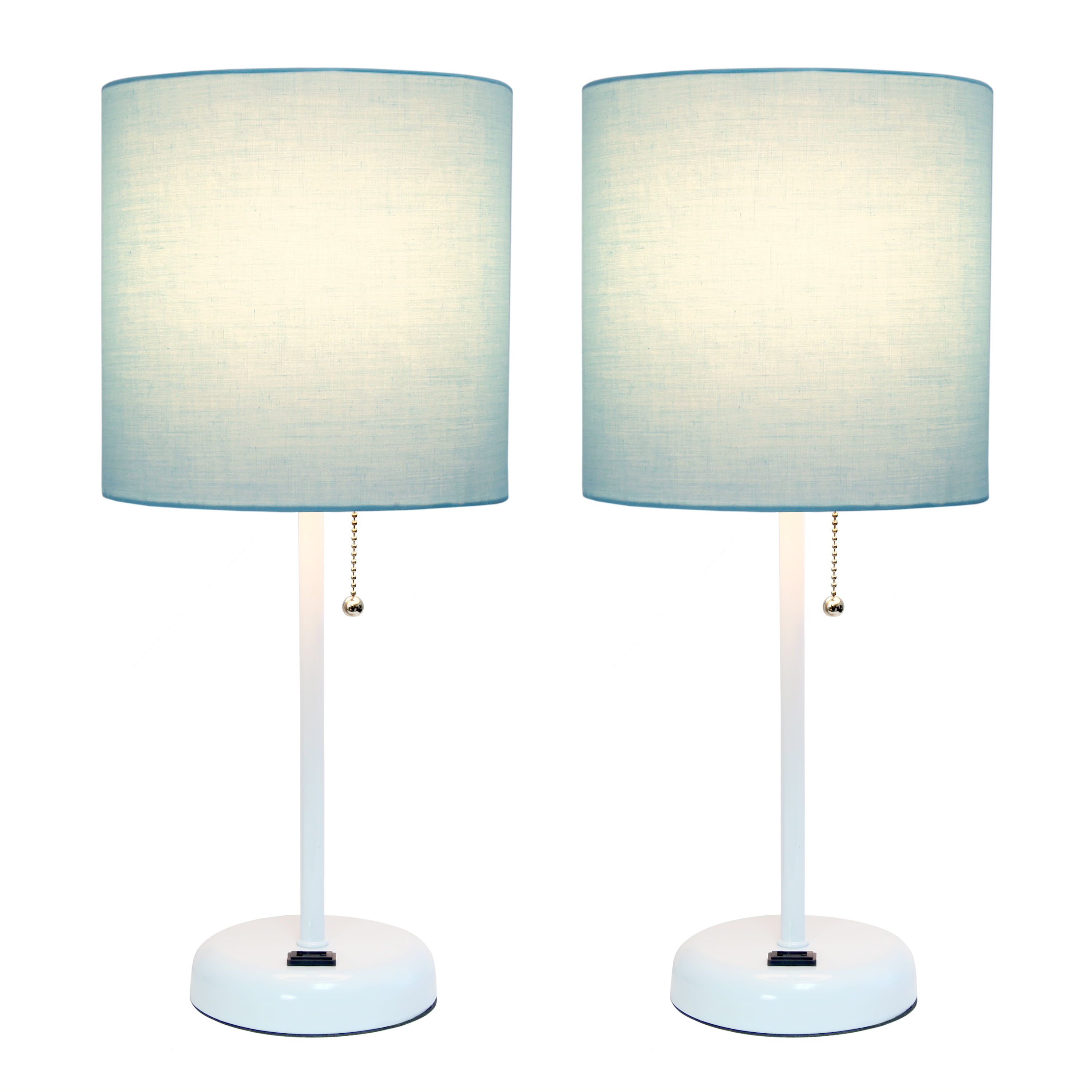 Limelights LC2001-AOW-2PK White Stick Charging Outlet and Aqua Fabric Shade 2 Pack Table Lamp Set,