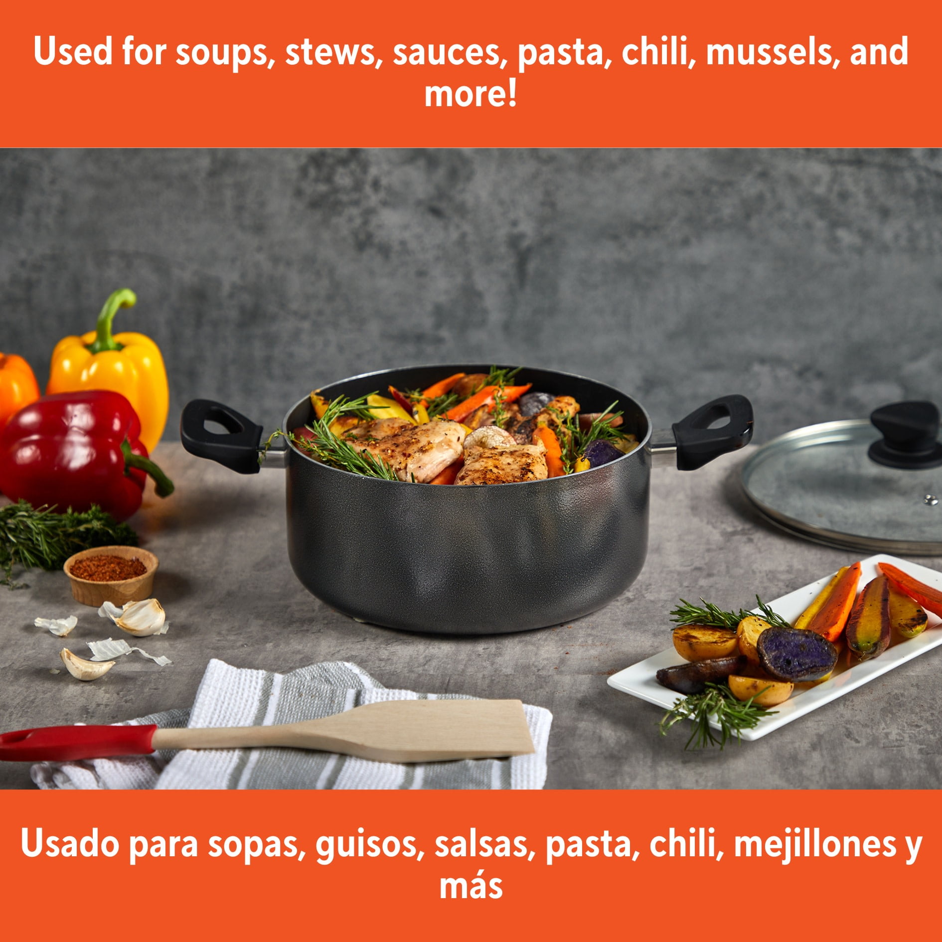 IMUSA 4.8qt Charcoal Aluminum Nonstick Stock Pot with Glass Lid & Soft touch Handles, Black