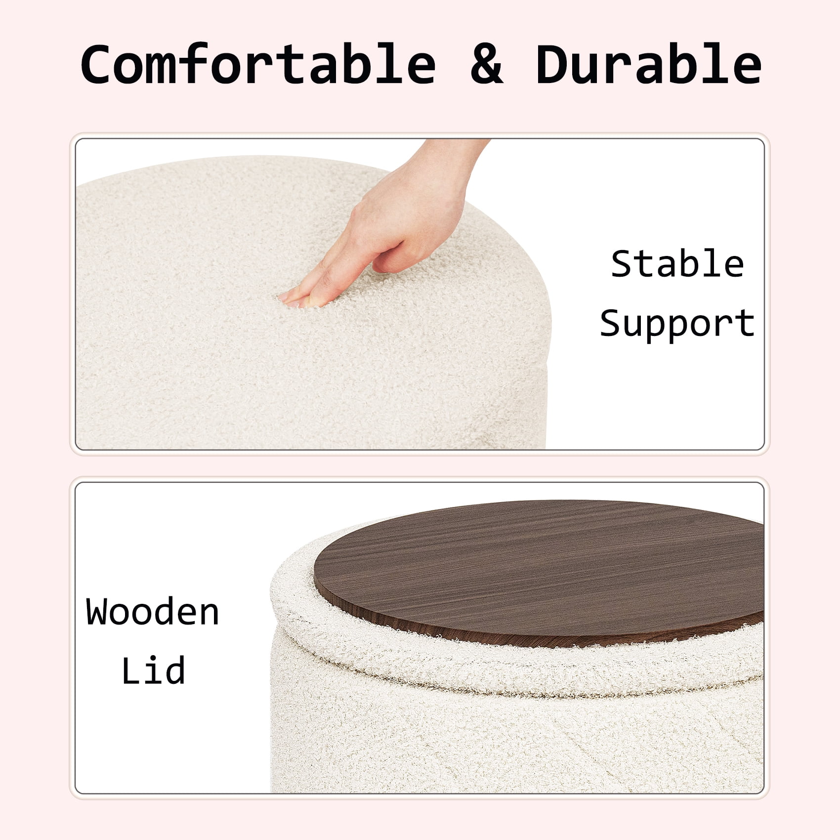 PINPLUS 16.9" Storage Ottoman with Tray Collapsible Foot Rest Stool Seat for Living Room White,Sherpa Fabric