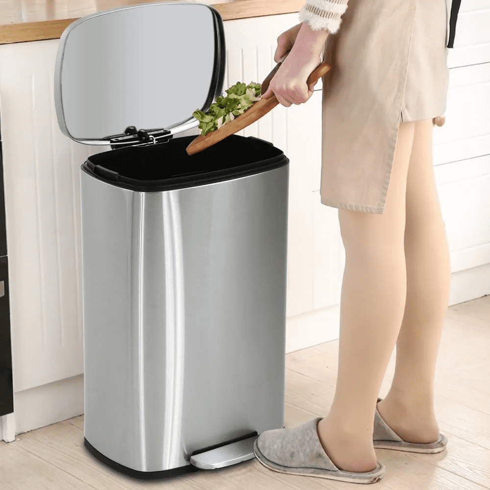 BIQWBIC 13 Gallon Kitchen Trash Can with Soft Close Lid, Foot Pedal and Inner Bucket, Stainless Steel