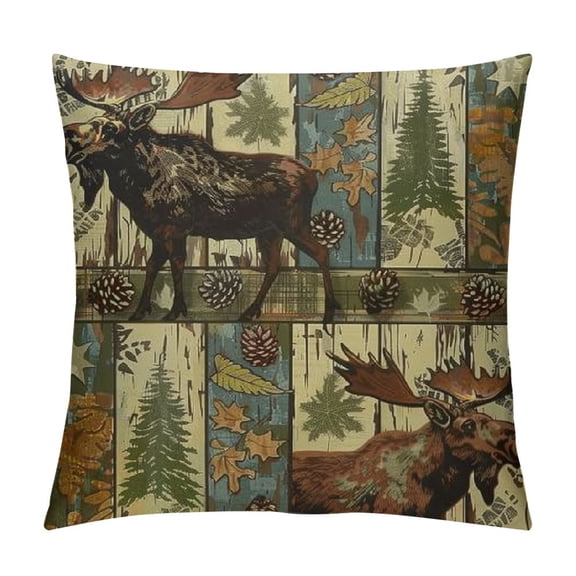 Forest Animals Throw Pillow Cover Bear Deer Moose Cabin Decorative Pillowcase, Rustic Camper Woodland Animal Wildlife Theme for Sofa Bed Room Home Decor Pillow Case