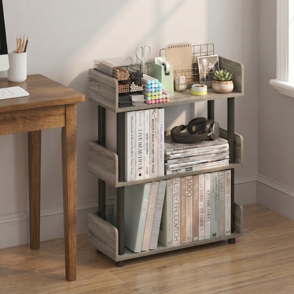 Furinno TURN-N-TUBE Book Shelf, 3-Tier Bookshelf, Bookcases, Storage Shelves with Rounded Corner Top Edges, 9.2 x 23.6 x 29.6, for Organization and Storage, Living Room, Home Office, French Oak