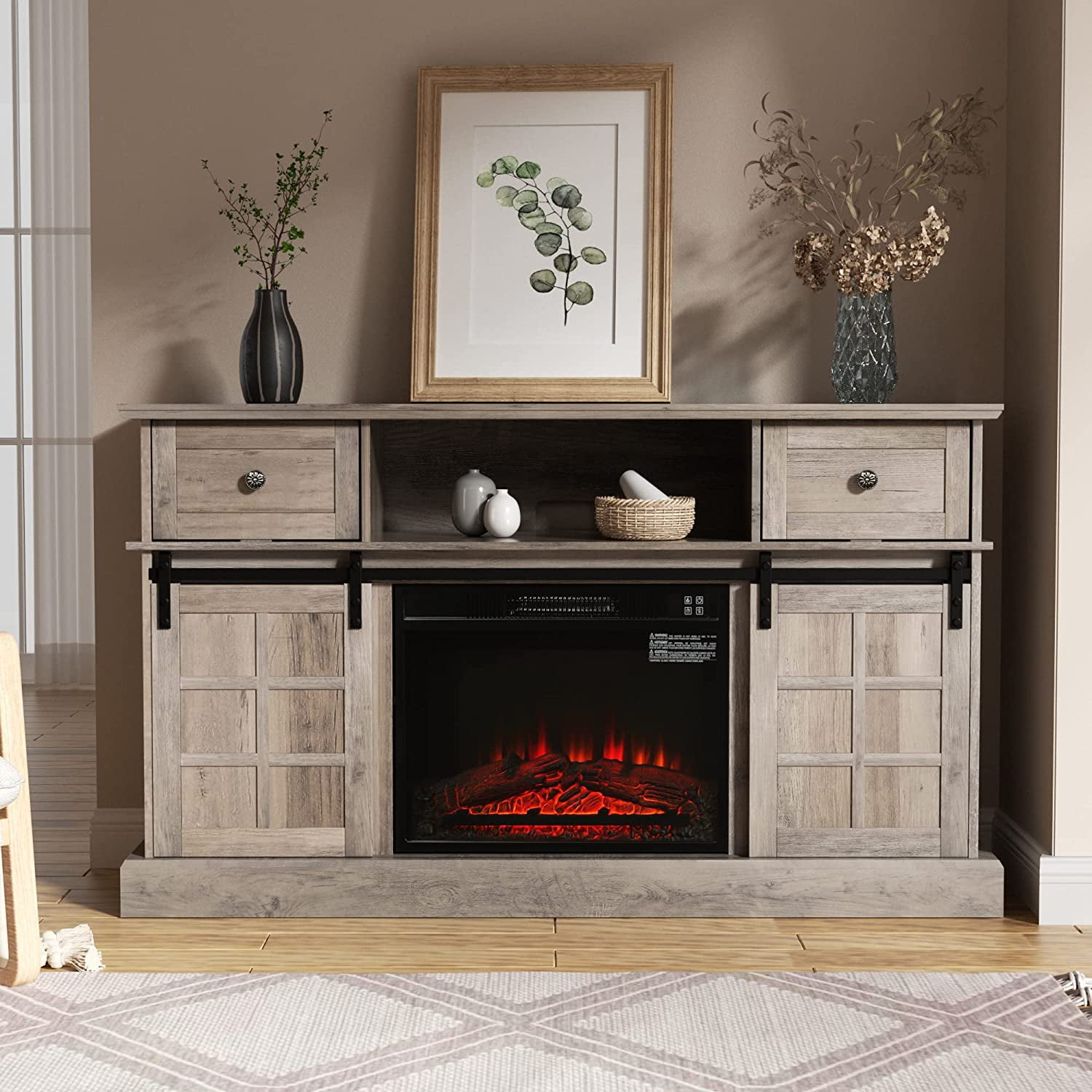 Fireplace TV Stand for 65 inch TV, Farmhouse Entertainment Center with