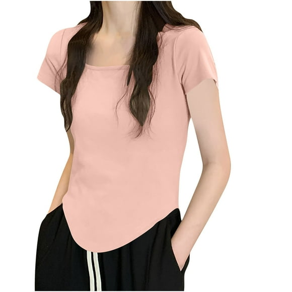 Womens New Solid Color Round Neck Short Sleeve Low Cut Casual Blouse T-shirt
