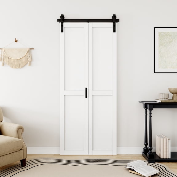 25" X 84"eight White Primed Solid Core And Mid Bar Brace Bi-Fold Barn Door With Hardware Kit