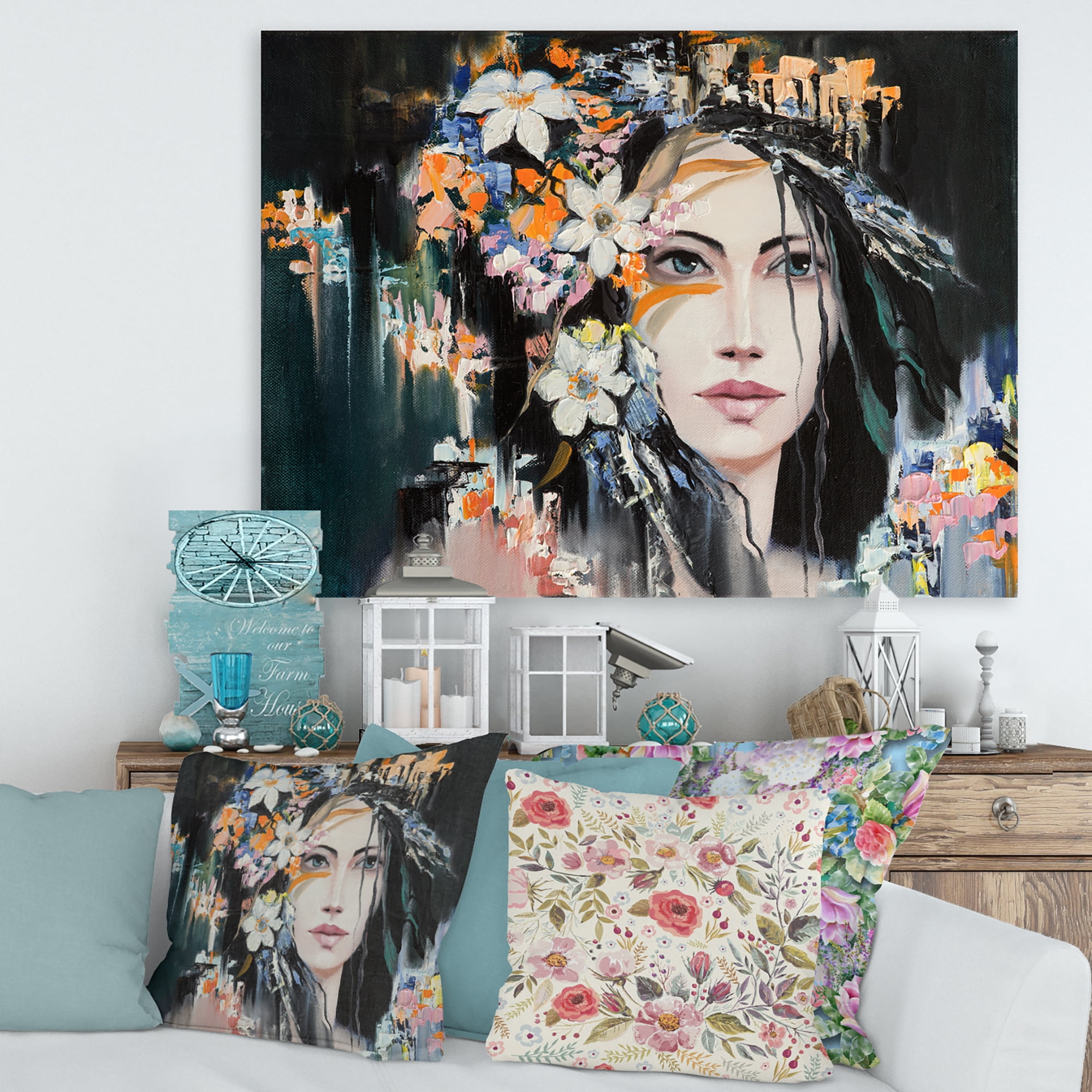 Designart ' Portrait Of A Young Woman With Flowers I ' Modern Canvas Wall Art Print
