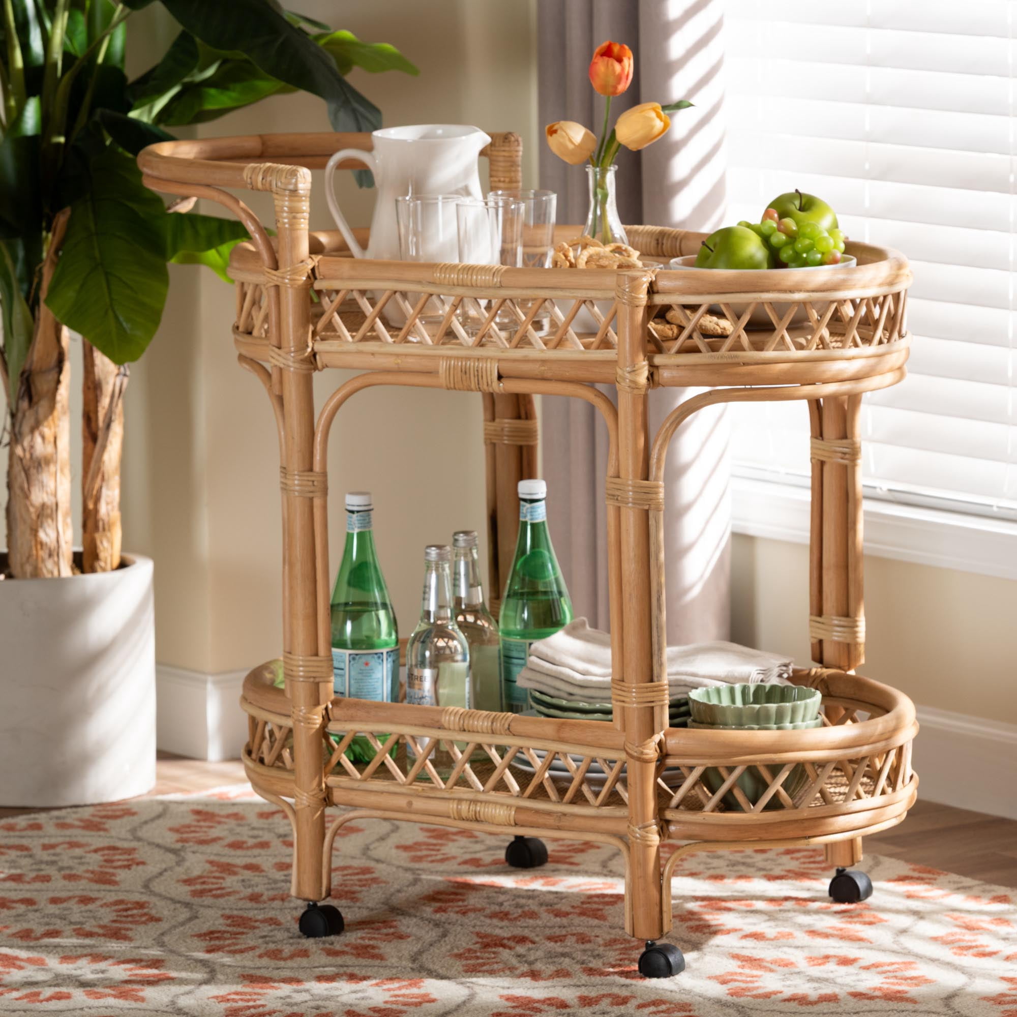 bali & pari Raul Boho Kitchen Cart, 2-Tier, Natural Rattan