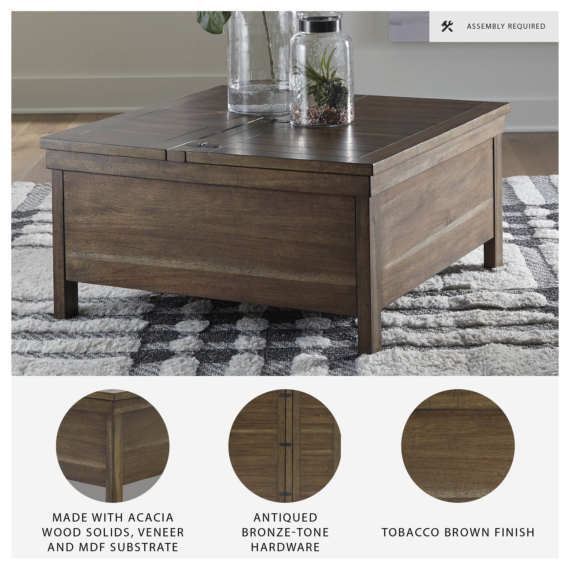 Signature Design by Ashley Moriville Rustic Hinged and Lift Top Cocktail Table with Hidden Storage, Light Brown
