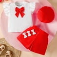 thumbnail image 3 of Dakiuu Toddler Girls Spring Summer Clothes Bow Rib Ruffle Short Sleeve T-Shirt Tops Bowknot Shorts Set with Beret 3 Pieces Outfits E-Red 2-3 Years (3Y), 3 of 8