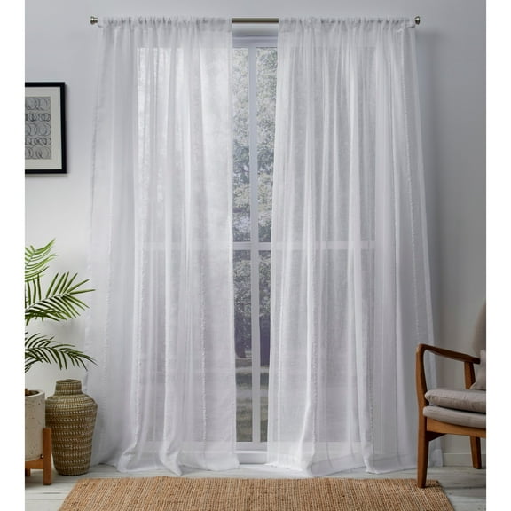 Exclusive Home Curtains Santos Embellished Stripe Sheer Linen Rod Pocket Curtain Panel Pair, 54x96, Winter White