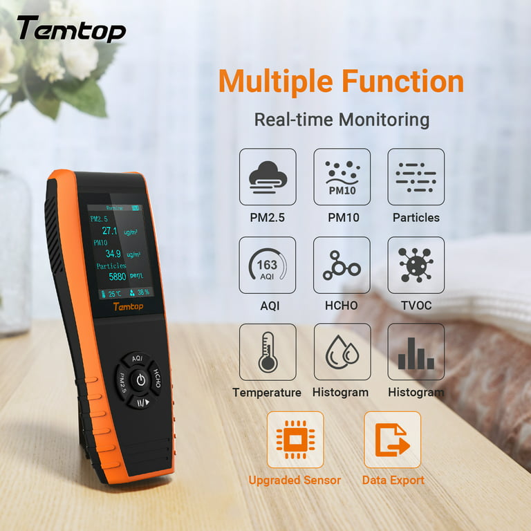Temtop Air Quality Monitor PM2.5 PM10 Formaldehyde Temperature and Humidity  TVOC AQI Tester Indoor Outdoor Air Pollution Detector w/ Data Export 