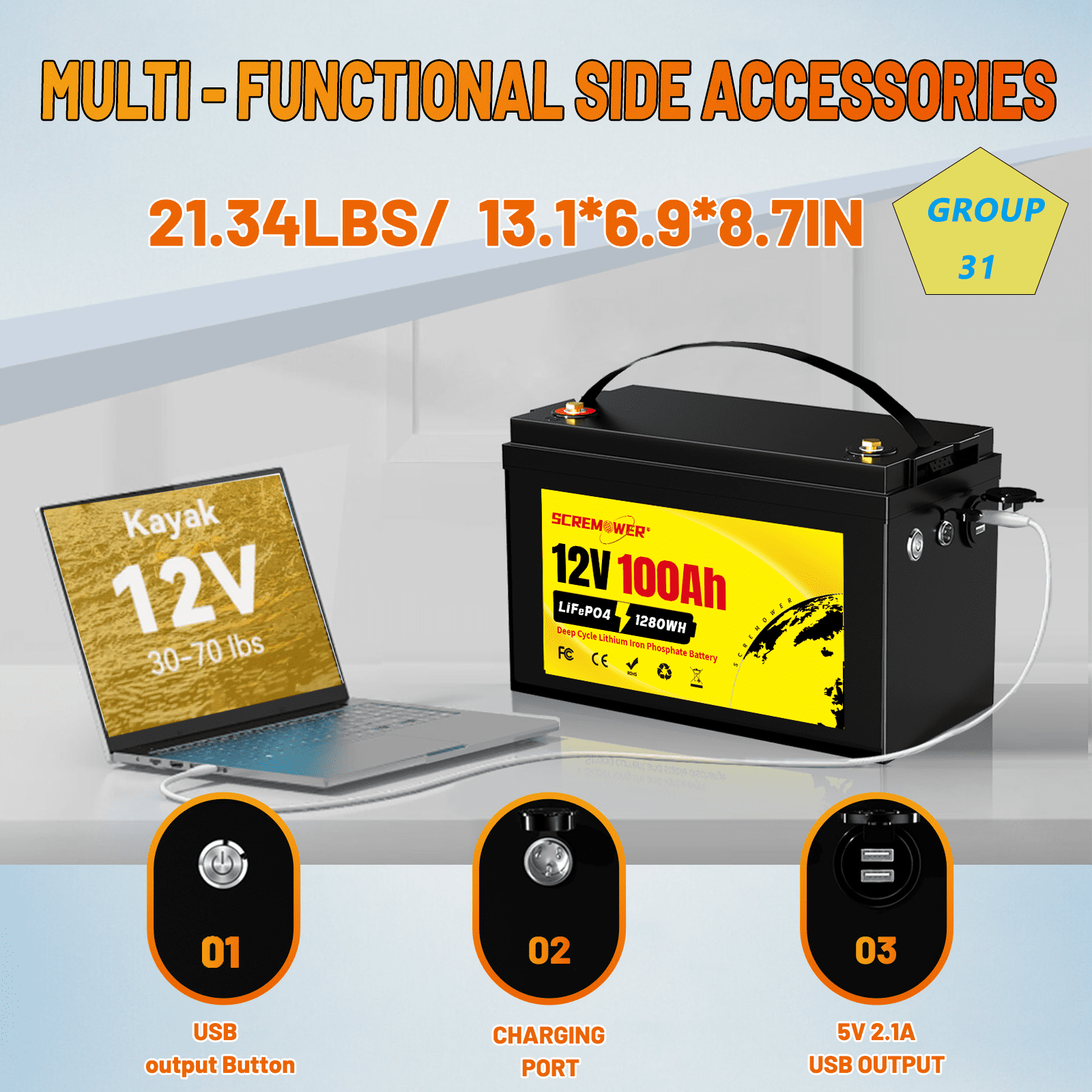 12V 100Ah LiFePO4 Battery, 100A BMS Trolling Motors Lithium Batteries, SCREMOWER BCI Group 31 Deep Cycles for RVs,Van, Boats,Camper,Solar