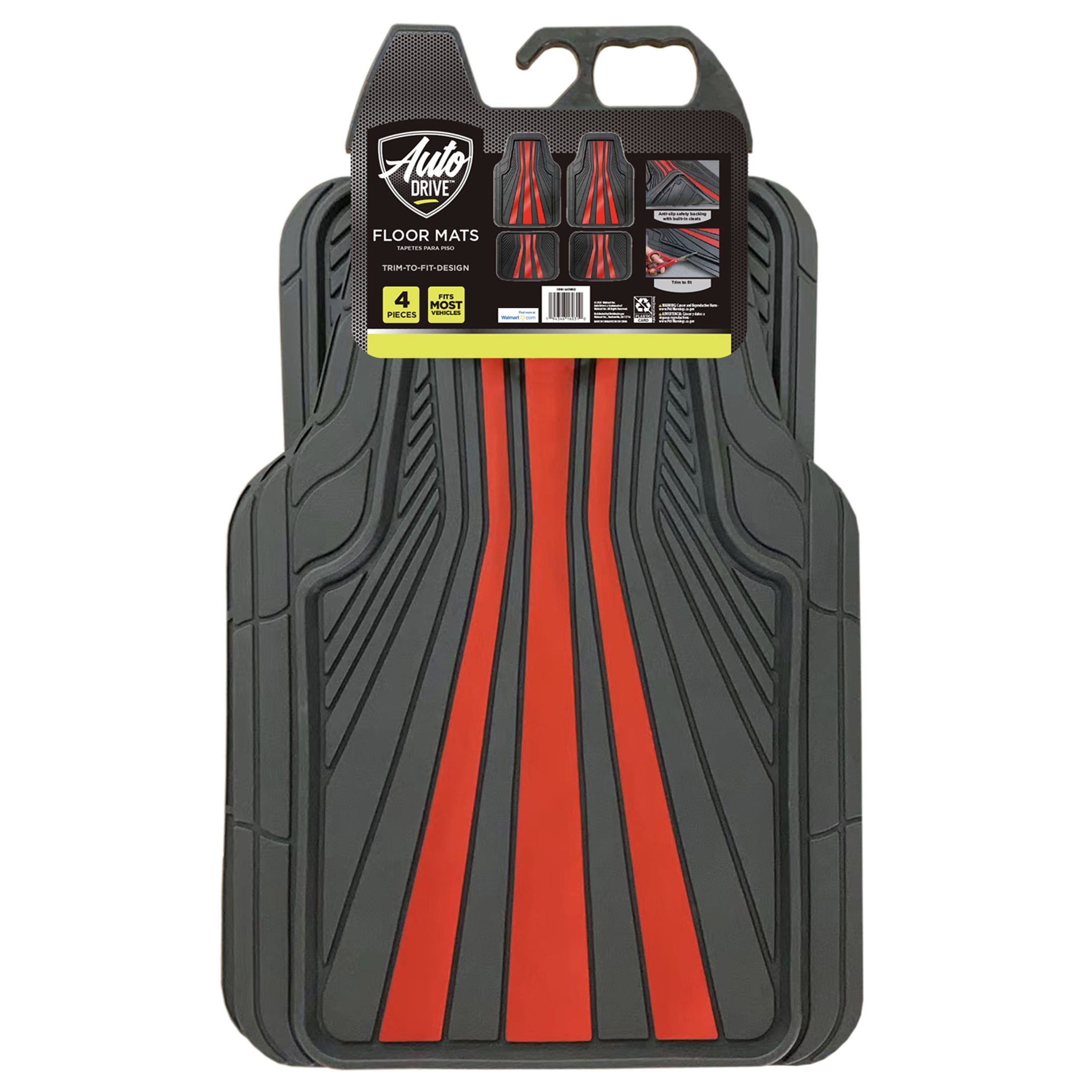 Auto Drive 4-Piece Black & Red All-Weather Rubber Floor Mat Set – Heavy Duty Universal Trim-to-Fit Car, Suv & Truck Mats