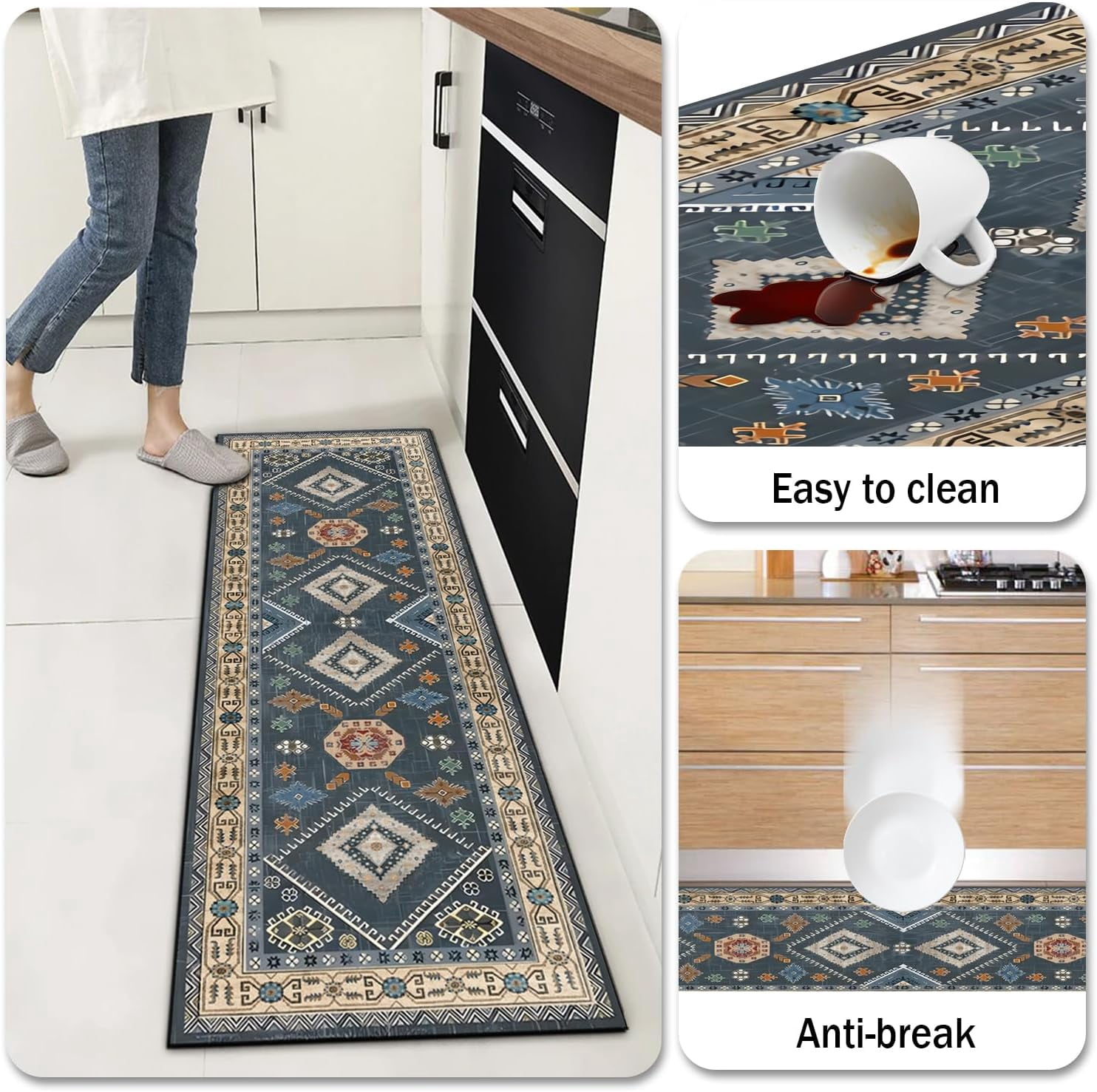 4 Piece Boho Vintage Kitchen Rugs Set with Runner, Non-Slip Kitchen Floor Mats, Soft High Pile Durable Accent Rugs for Kitchen Laundry Hallway Bathroom