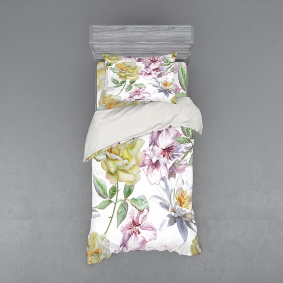 Floral Duvet Cover Set, Rose Petals Sakura Lily Flowers Blooms Romance Florets Design, Bedding Set with Shams and Fitted Sheet, 3 Sizes, by Ambesonne