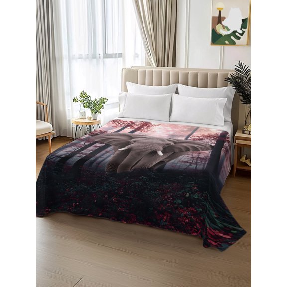 King Size Flat Sheet Only, Elephant in Misty Forest Soft Top Bed Sheets Breathable Bedding Sheet Thanksgiving Red Maple Art Microfiber Hotel Luxury Top Sheets