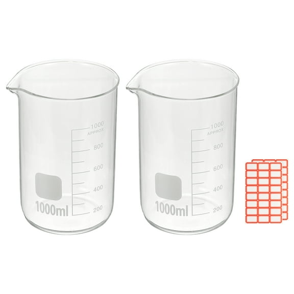 1000ml Glass Beaker, 2 Pack Measuring Glass Beaker Graduated Borosilicate Lab Cups Mug Low Form Heat Safe Transparent with Spout Label for Laboratory Science Kitchen Liquids