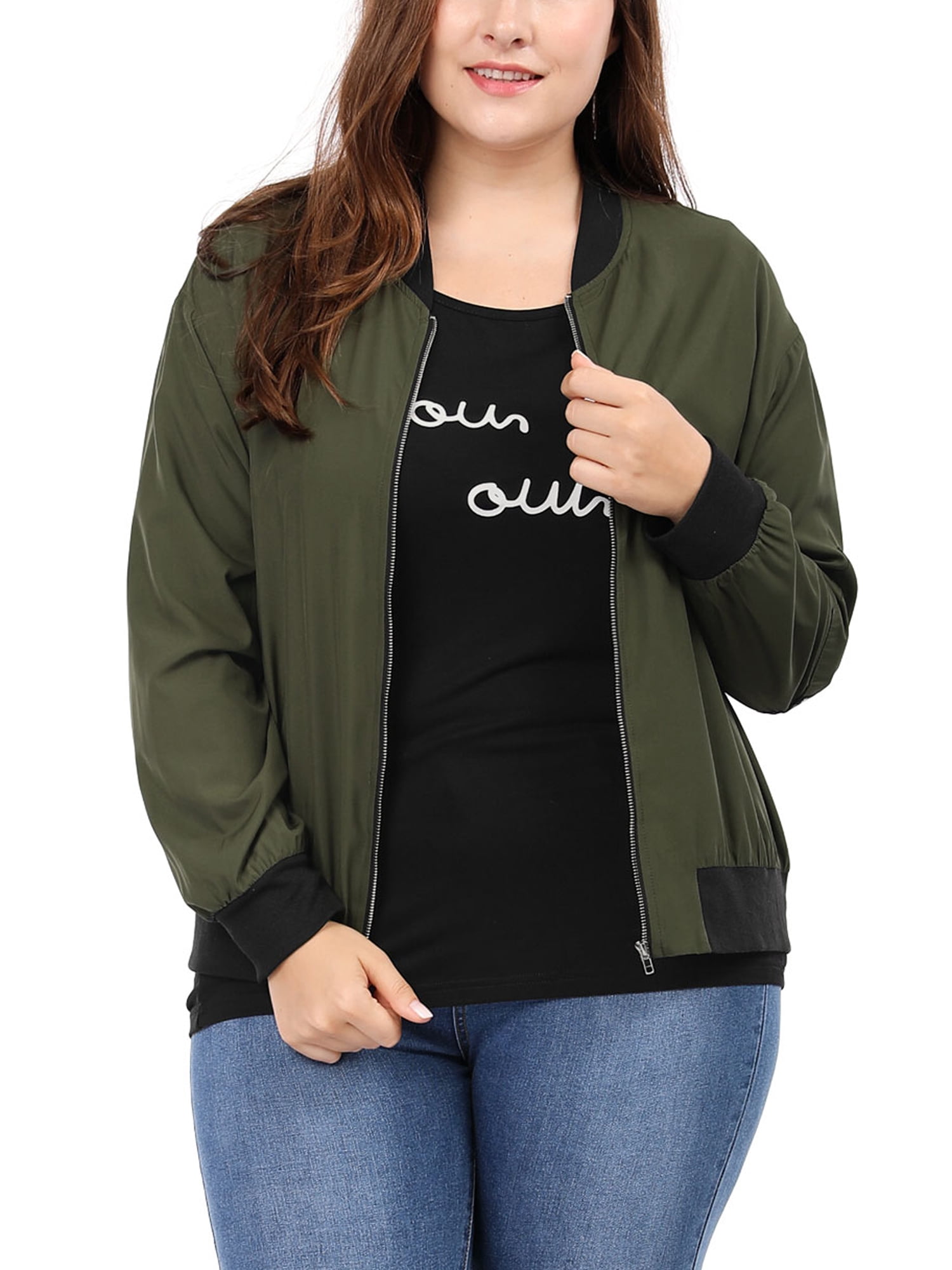 Unique Bargains Women's Plus Size Zipper Trim Outerwear Bomber Jacket