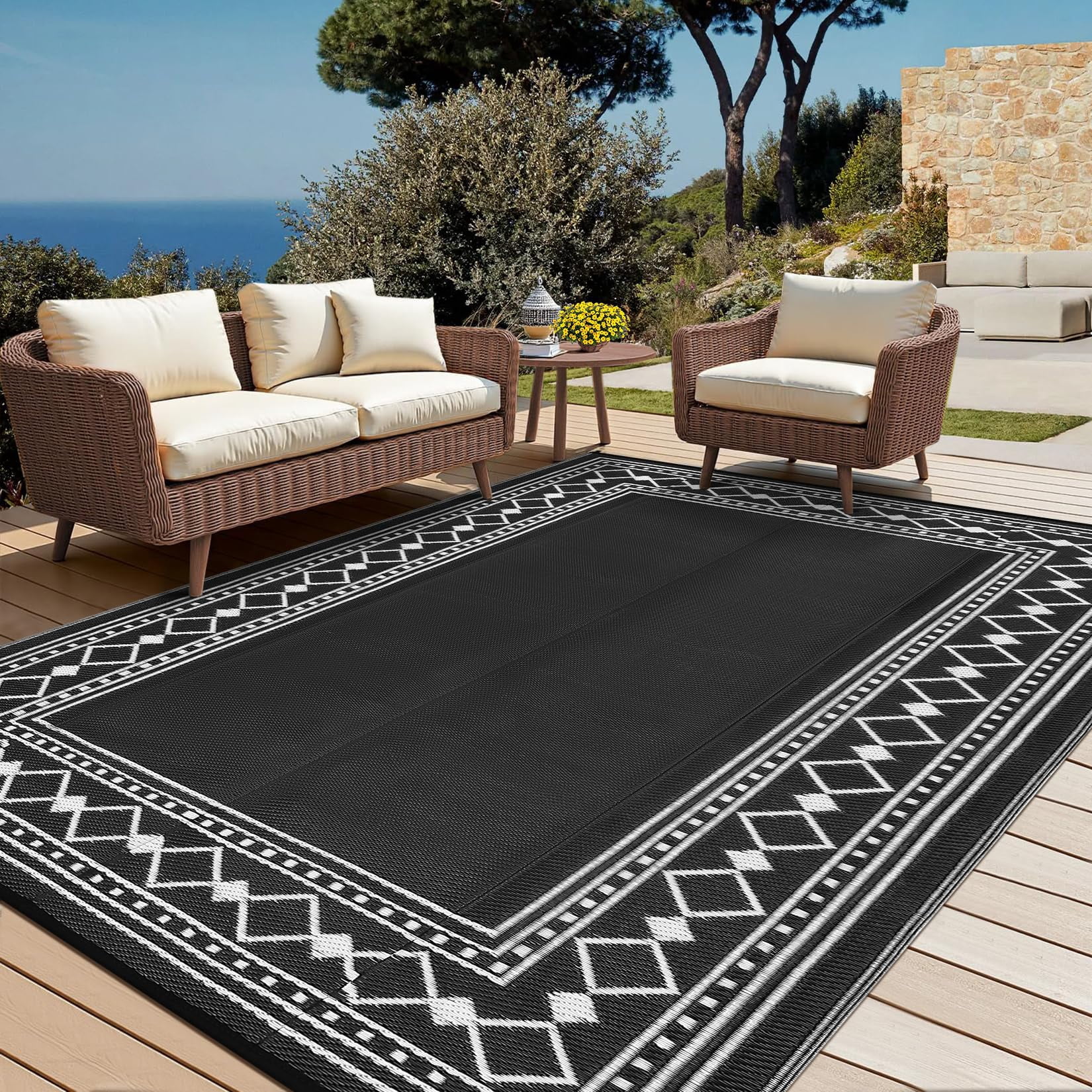 Outdoor Rug 8x10 Plastic Straw Rug Waterproof Patio Rug,Reversible Rug,Foldable Lightweight Outdoor Carpet with Storage Bag,4 Stakes,Outdoor Mat Reversible Camping Carpet Camping Mat for Deck,Garden