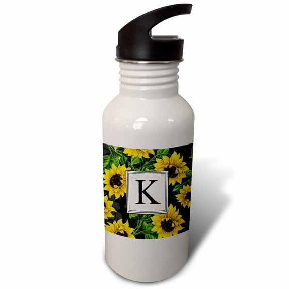 3dRose, Sunflower Letter K Monogram black and yellow flowers classic floral, Flip Straw 21oz Water Bottle