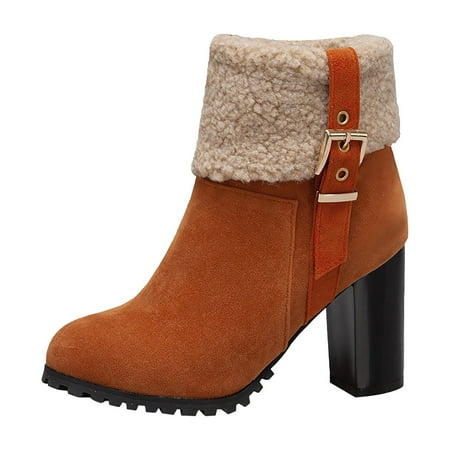 OJSFQUFP Winter Womens Boots Autumn and Winter Large Size Women s Boots Thick with High Heeled Ankle Boots Short Boots Ladies Waterproof Shoes Orange 41