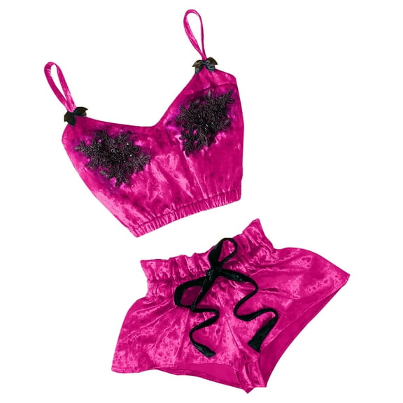 under $5 JINMGG Shorts for Women $5 Women V-Neck Eyelash Beaded Stain Camisole Pajamas Bowknot Shorts Set Hot Pink L