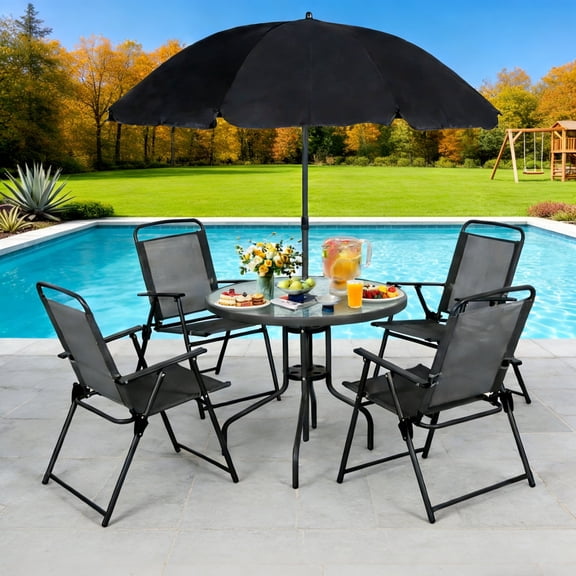 5 Piece Patio Dining Set with Umbrella, Outdoor Dining Set for 4 with 4 Folding Chairs and Round Tempered Glass Table, Backyard Garden Poolside Patio Furniture, Black