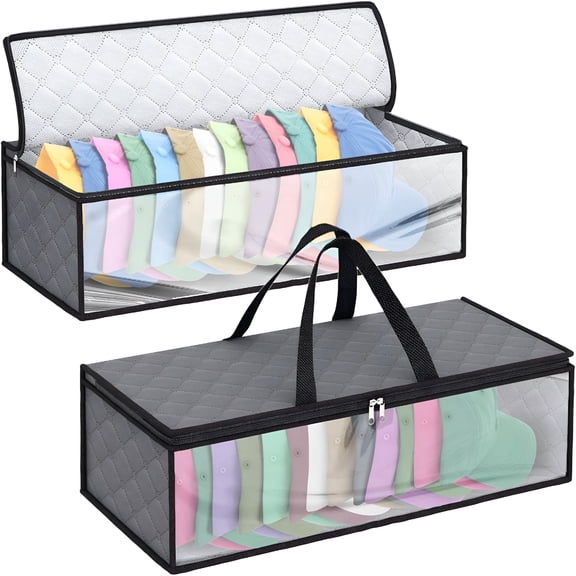 XIBUFE 2 Pack Hat Storage Bag for Baseball,Caps Hat Organizer Case Hat Holder Rack with 2 Carry Handles for Closet Moisture&Dust Proof Holds Up to 20 Hats (Grey)