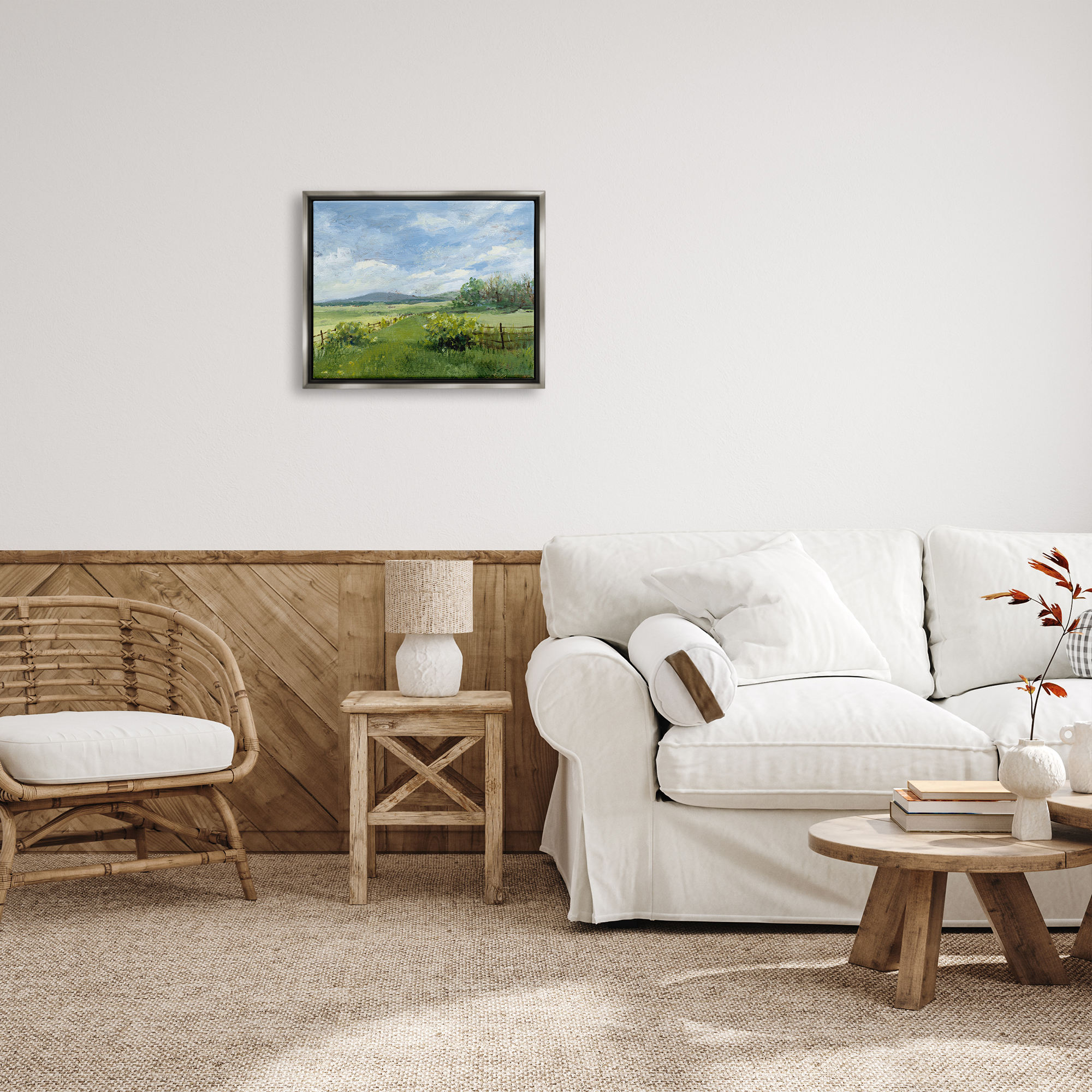 Stupell Industries Countryside Landscape Painting Nature Painting Gray Floater Framed Art Print Wall Art, 21 x 17
