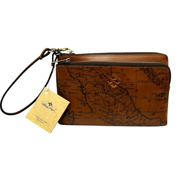 Patricia Nash Varone Fullgrain Leather Wristlet Signature Map Print Brown Clutch