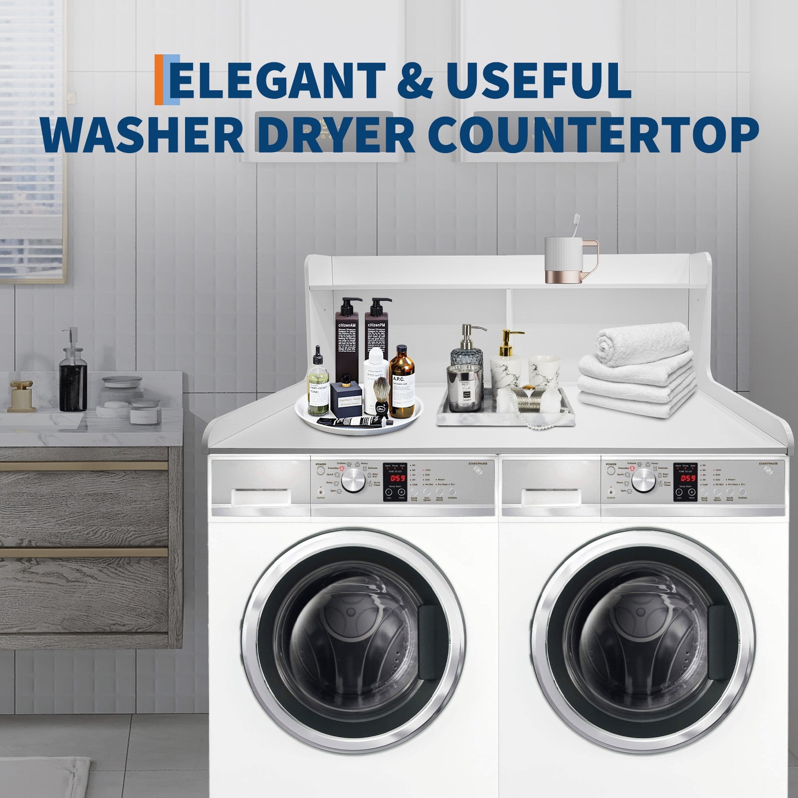 Washer and Dryer Top with 20" Shelf,Laundry Countertop,Universal Fit Washer Laundry Topper with Non-Slip Mat,Finish MDF Shelf for Laundry Room Organization,White